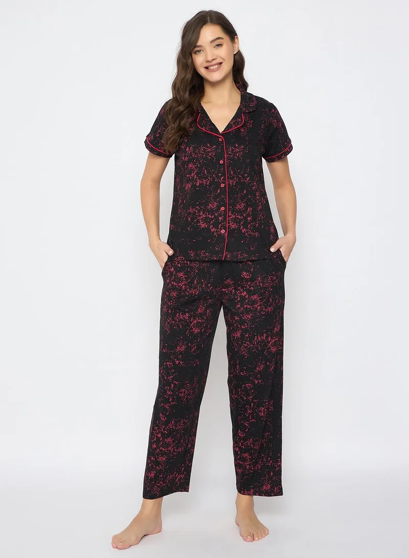 كلوفيا Printed Button Down Night Suit in Black - 100% Cotton